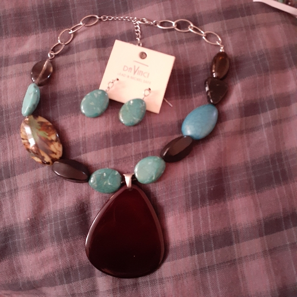 Necklace Earings Set Turquoise Colours Stone Shapes Artificial - Picture 9 of 16